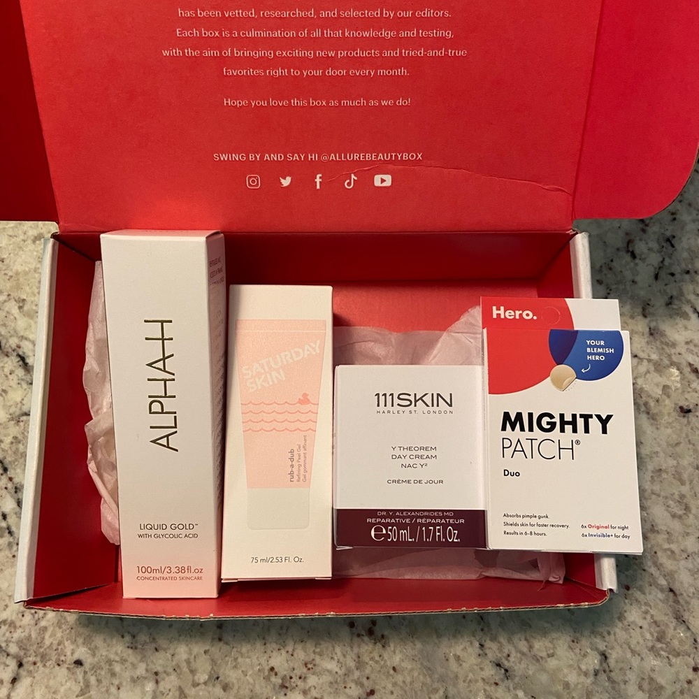 Full size Allure products: Saturday skin, glycolic liquid gold, mighty patch.